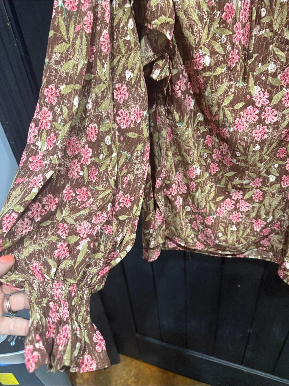 entro Floral Ruffle Tie-Neck Blouse in Brown & Pink - Picture 4 of 6